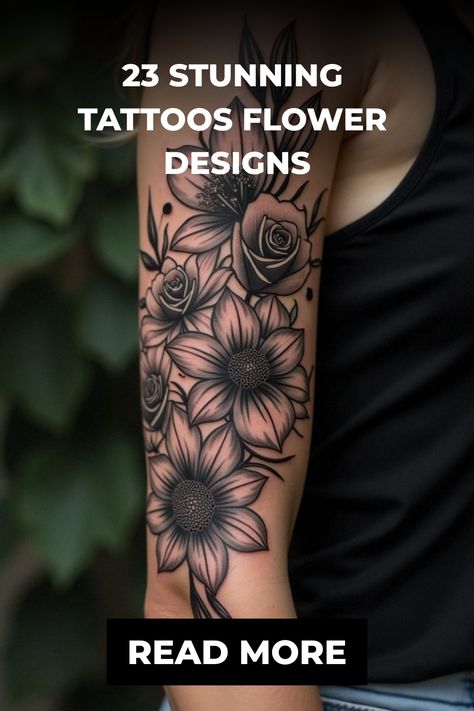 23 Stunning Tattoos Flower Designs Floral Tattoo Styles, Rose Bouquet Tattoo Design, Healing Flower Tattoo, Flowers And Words Tattoo, Tattoo Flowers Leg, Tattoo Ideas Female Flowers, Boho Flower Tattoo, Tattoo Sleeve Ideas Female, Bold Flower Tattoo