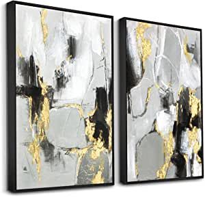 Amazon.com: Zessonic Black and Gold Abstract Wall -Art Decor- 2 Pack 16" x 24" Black and White Canvas Wall Decor with Gold Foil for Living Room, Bedroom, Office, Framed, Ready to Hang: Posters & Prints Black And Gold Living Room, Black And Gold Abstract, Gold Office Decor, Seashell Wall Art, Gold Wall Decor, Graffiti Artwork, Grey Wall Art, Gold Canvas, Gold Wall Art