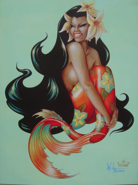 Hawaiian Mermaid, Tropical Mermaid, Pin Up Mermaid, Real Mermaids, Black Mermaid, Mermaids And Mermen, Mermaid Print, Mermaid Life, Beautiful Mermaids