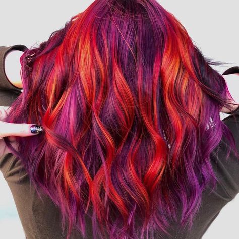 Fun Copper Hair Color Ideas, Red And Purple Split Dye, Purple And Orange Hair Split, Red And Purple Hair, Sunset Hair Color, Red Purple Hair, Sunset Hair, Pulp Riot Hair Color, Short Ombre