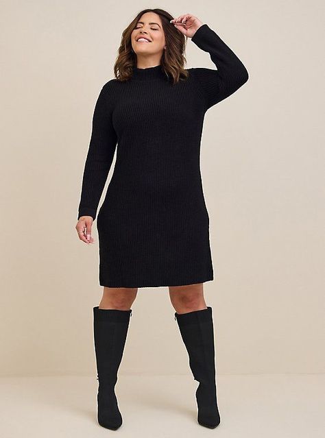 Plus Size Winter Outfits 2023-2024: Trendy, Cold Weather Casual, Dressy Styles & Tips for Women Over 40 Midsize Sweater Dress, Plus Size Fashion For Women Winter, Plus Fall Outfits, Plus Size Winter Outfits Dressy, Long Black Sweater Dress, Plus Size Winter Dress, Sweater Dress Plus Size, Cloth Ideas, Plus Size Sweater Dress