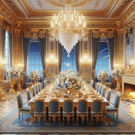 Royal Dining Hall, Castle Dining Hall, Fantasy Dining Room, Palace Dining Room, Royal Dining Room, Tropical Mansion, Rich Houses, Luxury Dining Room Decor, Grand Dining Room