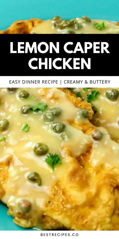 Enjoy an easy Lemon Caper Chicken recipe that pairs tender chicken breasts with a savory sauce made of butter, lemon juice, capers, and garlic. It's a perfect option for anyone looking for quick family dinners or easy weeknight meal ideas. The zesty lemon caper sauce adds vibrant flavor, making it a top choice for those who enjoy creamy chicken recipes. Add this to your Lemon Chicken Recipe board for your next dinner! Chicken And Capers Recipe, Lemon Chicken Breast Recipes, Lemon Caper Chicken, Creamy Chicken Dish, Zesty Chicken, Capers Recipe, Capers Chicken, Chicken With Lemon, Chicken Lemon