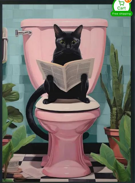 Cat On Toilet, Black Cat Anime, Reading Newspaper, Toilet Art, Cat Anime, Cat Toilet, Wall Decor Crafts, Funny Wall Art, Cartoon Wall