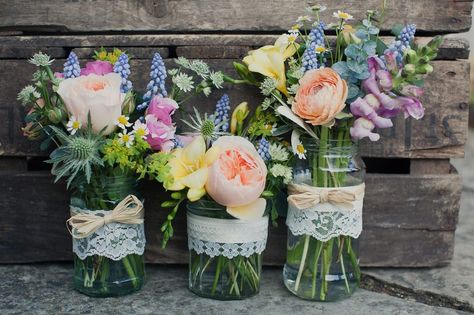 Jam Jar Flower Arrangements, Jam Jar Wedding Flowers, Jam Jar Vases, Mason Jar Pink Flowers, Mason Jar With Wild Flowers, Jam Jar Flowers, Pink Flowers Mason Jar, Garden Party Bridal Shower, Country Garden Weddings