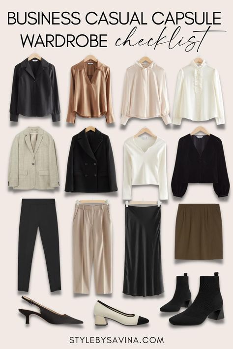 Business Basics Wardrobe, Business Casual 2023 Fall, Corporate Wardrobe Capsule, Business Casual Capsule Wardrobe 2023, Capsule Wardrobe Work Office, Work Capsule Wardrobe Business Casual, Corporate Capsule Wardrobe, Office Checklist, Office Lookbook