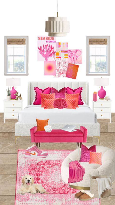 Pink Orange And Gold Bedroom, Pink And Orange Accent Bedroom, Hot Pink And White Room, Hot Pink And White Bedroom Ideas, Hot Pink White And Gold Bedroom, Pink Orange And Gold Room, Hot Pink Bedroom Accents, Pink And Orange Themed Room, Pink Orange Gold Dorm Room