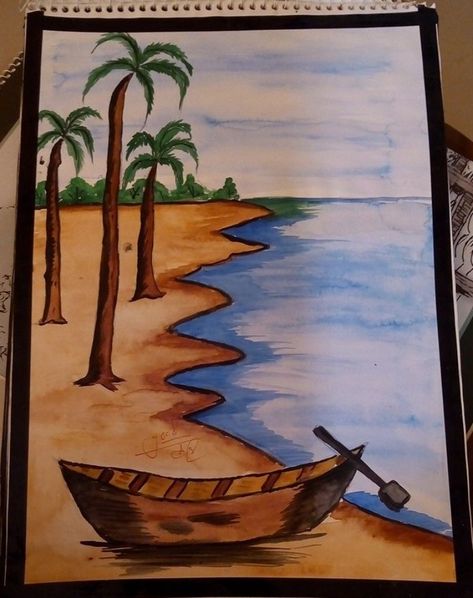 Landscape Simple Drawing, Nature Simple Drawing, Natural Scenery Painting Easy, Seashore Drawing, Seashore Painting, Landscape Drawing Easy, Scenery Drawing For Kids, Seashore Paintings, معرض فني