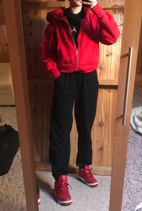 Red Zipper Hoodie Outfit, Red Techwear, Red Hoodie Outfit Men, Edgy Outfits Boys, Outfit Claims, Red Street Style, Red Hoodie Outfit, Sagittarius Aesthetic, Hoodie Outfit Casual