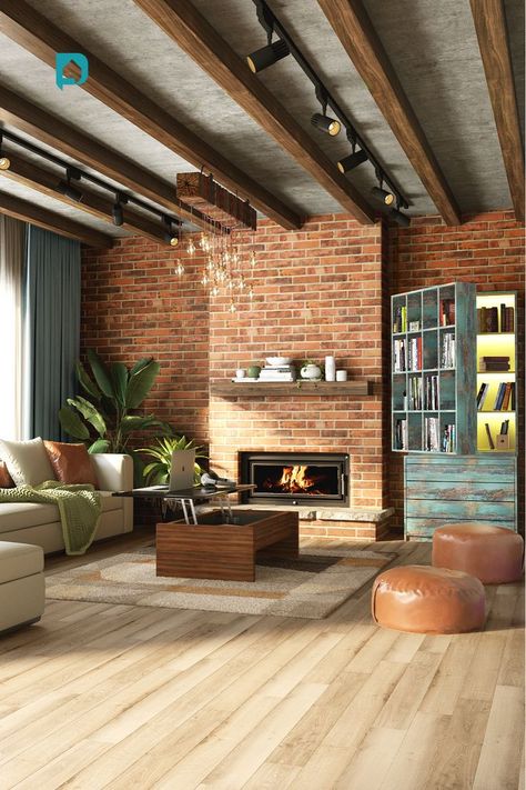 Top 20 Best Fireplace  Designs Ideas- Interior Ideas | Corner Designs | Design Cafe Industrial Interior Design Living Room Exposed Brick Walls, Fireplace Industrial Modern, Industrial Brick Fireplace, Red Brick Interior Design, Industrial Fireplace Ideas, Classy Fireplace, Red Brick Interior, Exposed Brick Interior, Brick Interior Design