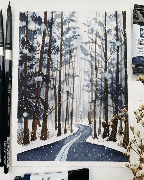 Guache Winter Painting, Winter Gouache, Winter Canvas Painting Ideas, Guache Art, Winter Watercolor, Gouache Art, Winter Painting, Landscape Art Painting, Watercolor Art Lessons