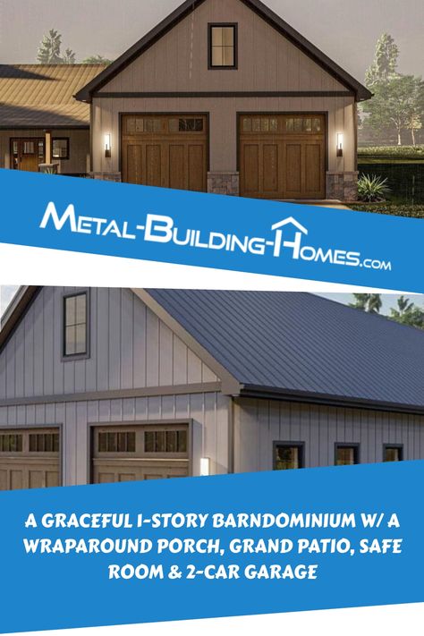 Discover the charming allure of this barndo feature that showcases elegant board and batten exteriors complemented by a delightful wraparound porch beckoning you inside. Explore the rustic elegance and timeless craftsmanship of this unique architectural gem. Bathroom Outside, Board And Batten Exterior, Wraparound Porch, Stone Columns, Safe Room, Metal Building Homes, Board And Batten, Industrial Buildings, Enjoy Nature