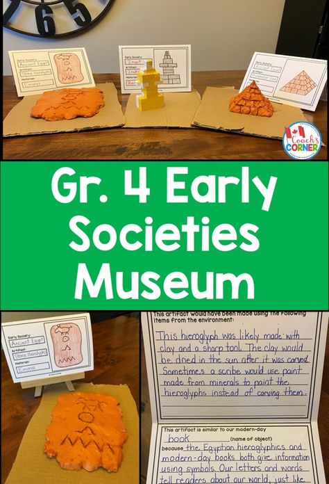 Make your teaching life easier by checking out this Grade 4 Ontario social studies strand Early Societies to 1500 CE blog post! Learn how to help your students create an Early Societies artifact museum that will help them visualize and better understand the concepts studied in this unit. The artifacts are arranged by societies, and each display has a brief description explaining its significance. Early Societies Grade 4 Social Studies, Grade 4 Social Studies Ontario, Canadian Social Studies, Social Studies Projects, 3rd Grade Social Studies, Social Studies Lesson Plans, Middle School History, Social Studies Curriculum, 4th Grade Social Studies