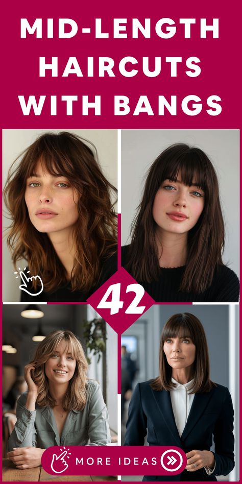 Discover a sophisticated and chic transformation for your hair with mid-length haircuts featuring stylish bangs. This versatile hairstyle frames your face beautifully, adding a touch of elegance to your appearance. Embrace a modern yet easy-to-maintain look that exudes freshness and style. Elevate your overall appearance with the trendy mid-length haircut accompanied by flattering bangs! Get ready to redefine your style effortlessly. Medium Short Layered Haircuts With Bangs, Medium Haircut Layers, Flattering Bangs, Stylish Bangs, Soft Blonde Hair, Haircut Layers, Layers Bangs, Medium Haircut, Soft Bangs