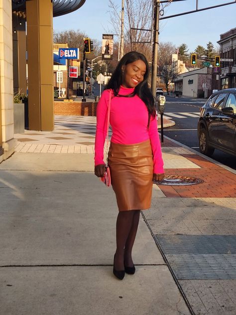 Office Wear Ideas for Women – Pink and Brown - The Cheery Fashionista Blog Office Wear Ideas, Leather Outfits, Statement Skirt, Pink Bodysuit, Bodysuit Top, Pink And Brown, Women Pink, Leather Pencil Skirt, My Office