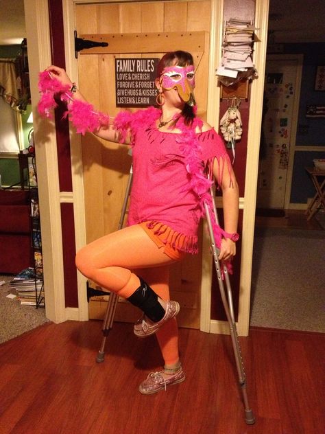 Spending Halloween on crutches? No problem with my flamingo costume! Halloween Costume Crutches, Costumes With Crutches, Halloween Costumes With Crutches, Hallowed Costumes, Crutches Diy, Flamingo Costume, Broken Foot, Halloween Express, Treat Ideas