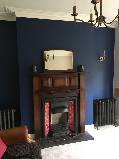 Dulux Sapphire Salute with mahogany 1920’s fireplace and reproduction cast iron radiators. #homeimprovementcast, Dulux Sapphire Salute, Sapphire Salute, Mahogany Fireplace, Small Basement Remodeling, Blue Living Room Decor, Cast Iron Radiators, Living Room Color Schemes, Bedroom Renovation, Fireplace Remodel