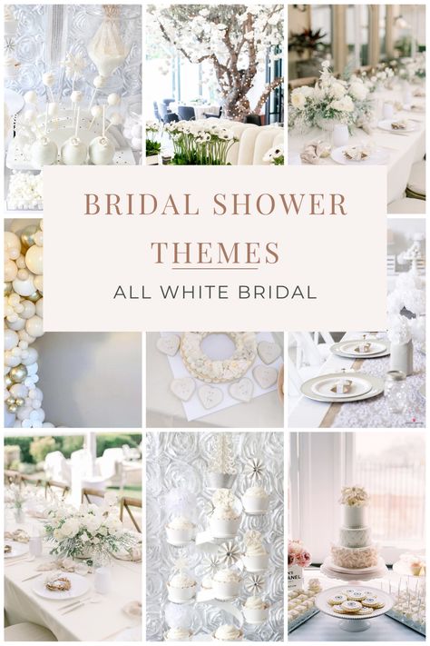 All white bridal shower theme. A very classy simple theme that will feel and look very elegant. White Themed Bridal Shower Decor, Bridal Shower Ideas White And Gold, White And Gold Bridal Shower Ideas, Bridal Shower Ideas Themed Elegant, All White Bridal Shower Ideas, Bridal Shower Theme Ideas Classy, White Bridal Shower Decorations, White Bridal Shower Decor, Pearl Bridal Shower Theme