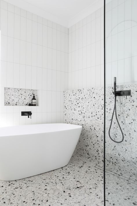 Two Tone Shower Walls, Bathroom Terrazzo, Terrazzo Bathroom, Monochrome Bathroom, Small Bathroom Renovations, Bathroom Design Inspiration, Bathroom Tile Designs, Bathroom Design Decor, Upstairs Bathrooms