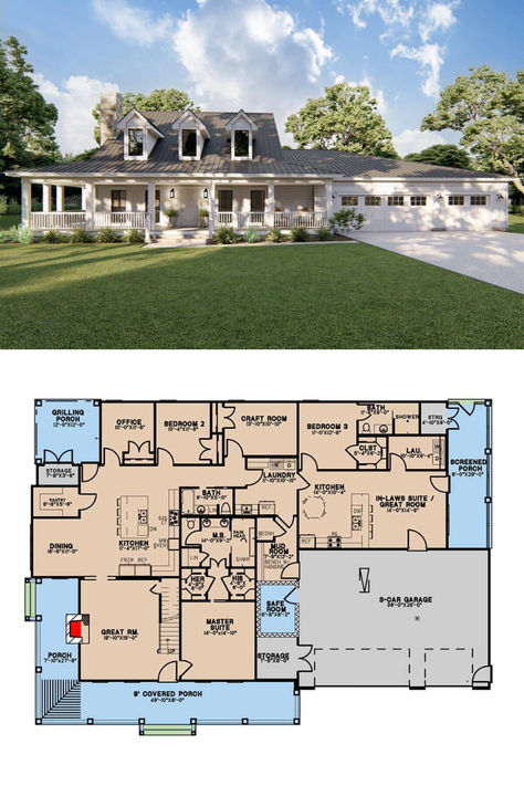 Modern 3-Bedroom Single-Story Farmhouse with Wraparound Porch, In-Law Suite, and Bonus Level (Floor Plan) Farmhouse With Mother In Law Suite, Barndominium With In Law Suite, House With Mother In Law House, In Law Suite Addition, Single Story Farmhouse, Mother In Law Suite, One Level House Plans, Wraparound Porch, Southern Traditional