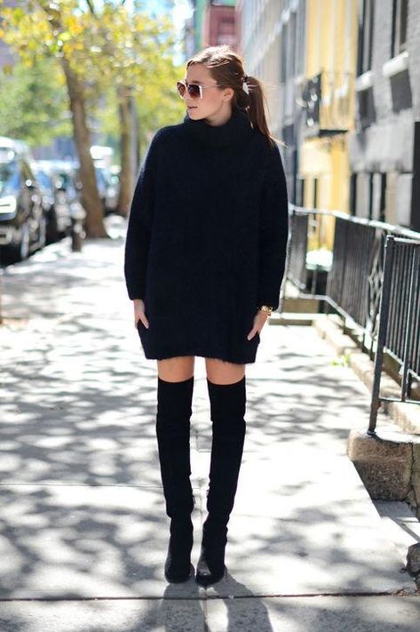 So how exactly should you be styling over-the-knee boots this winter? Click for outfit ideas we love, including this sweater dress pairing from We Wore What Svarta Outfits, Outfit Ideas With Boots, Thigh High Boots Outfit, Over The Knee Boot Outfit, Knee Boots Outfit, High Boots Outfit, Winter Dress Outfits, Fall Fashion Outfits, Oversized Sweater