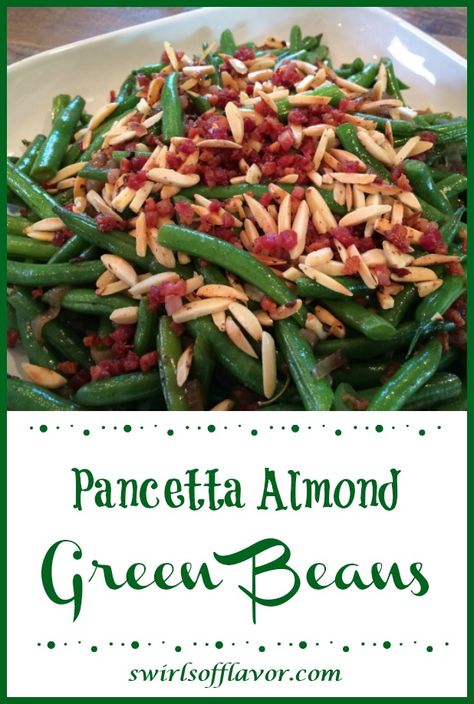 Pancetta Almond Green Beans is an easy recipe that will surely be a welcome addition on your holiday table. Crispy pancetta bits, toasted almonds and sautéed shallots combine with fresh green beans for the perfect amount of crunch and flavor in our green beans with pancetta recipe. #swirlsofflavor #greenbeans #pancetts #bacon #almonds #easy #recipe #holiday Green Beans With Pancetta, Green Beans Crispy, Almond Green Beans, Thanksgiving Green Beans, Traditional Green Bean Casserole, Green Beans With Almonds, Pancetta Recipes, Crispy Pancetta, Christmas Drinks Recipes