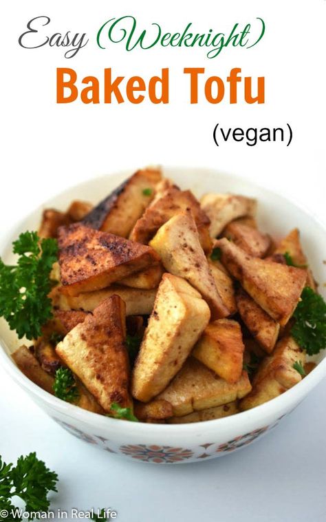 This Easy Baked Tofu is a great main dish for an easy weeknight meal. side dish for a potluck or even a protein for the veg folks at a Thanksgiving or Christmas meal. Trust me, add some baked sweet potatoes, creamy mashed potatoes and sweet natural cranberries to your plate with this tofu and it will make for a festive vegan meal. Tofu Recipes Vegan, Baked Sweet Potatoes, Christmas Meal, Tofu Dishes, Baked Tofu, Vegan Thanksgiving, Vegan Meal, Vegetarian Meals, Tofu Recipes