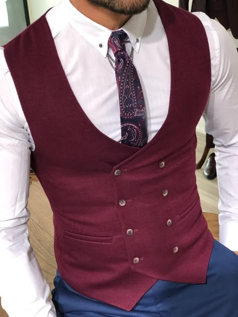 Red Vest Outfit, Red Dress Ideas, Man Fashion Style, Men Vest Outfits, Vest Outfits Men, Mens Vest Fashion, Prom Suits For Men, Chaleco Casual, Double Breasted Vest