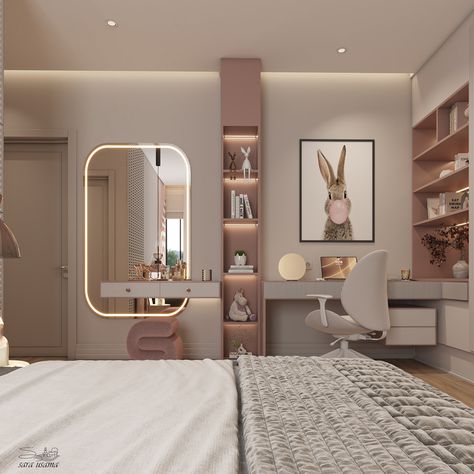 Child Bedroom Wardrobe Design, Room Color Themes Bedroom Ideas, Bedroom Design For Girls Teenagers, Two Girls Bedroom Designs, Study And Vanity Table, Teenager Bedroom Girl Aesthetic, Parent Room Ideas Bedrooms, Girls Modern Bedroom Ideas, Kids Room Design Girl