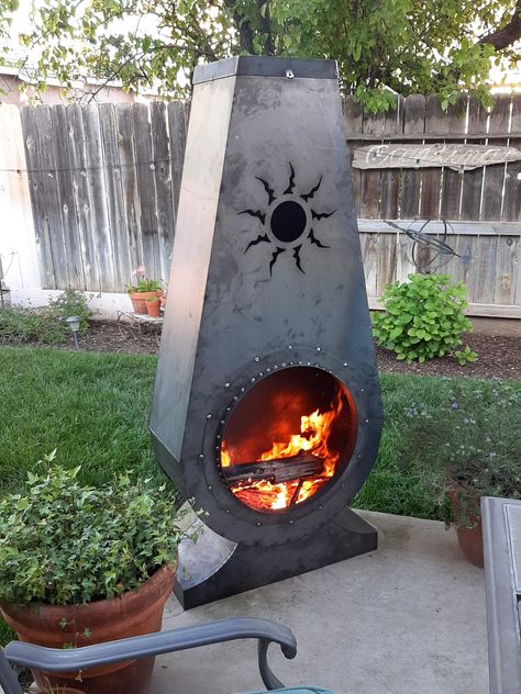 Chiminea - FRYE MODERN VINTAGE METAL WORK. LIKE US ON FACEBOOK Chiminea Ideas, Metal Chiminea, Bbq Station, Chiminea Fire Pit, Fire Pit Gallery, Wood Burning Heaters, Backyard Creations, Container Herb Garden, Fire Pit Art