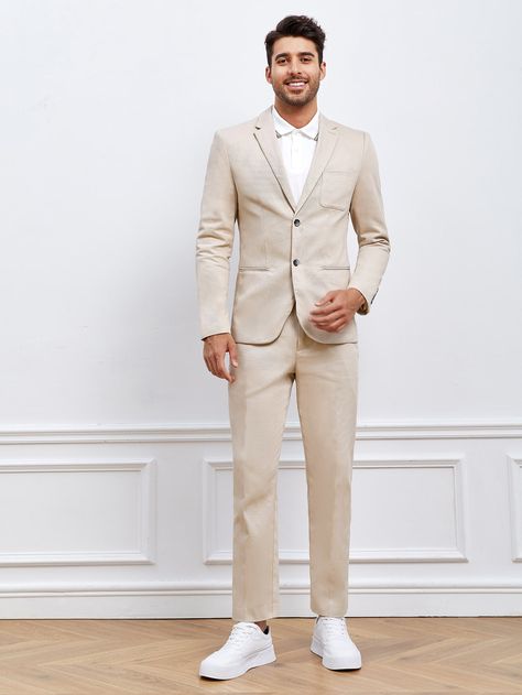 Khaki Work Collar Long Sleeve  Plain  Embellished Non-Stretch  Men Suits & Separates Nude Suit Men, Beige Suit Men, Costume Beige Homme, Cream Suits For Men, Beige Suits For Men, Suit For Men Wedding, Costume Beige, Suits And Sneakers, Homecoming Suits