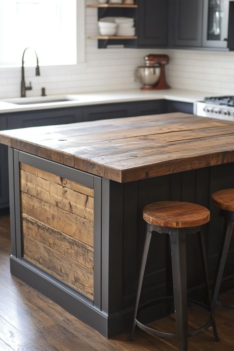 Kitchen Island Stain Colors, Butcher Block Island With Seating, Diy Rustic Kitchen Island, Rustic Kitchen Island With Seating, Rustic Farmhouse Kitchen Island, Large Kitchen Island With Seating, Homemade Kitchen Island, Wood Island Top, Vintage Kitchen Island