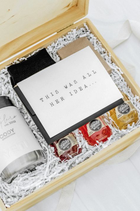 Groom Proposal Box Ideas, Wedding Day Gifts For Groomsmen, Groomsman Proposal Simple, Groomsman Day Of Gifts, Bachelor Asking Gifts, Country Groomsmen Proposal, Grooms Proposal Boxes, Groomsmen Proposal Country, Groomsmen Proposal Box Ideas Diy