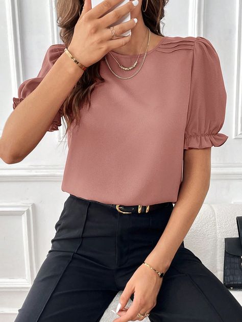 Dusty Pink Casual Collar Short Sleeve Woven Fabric Plain Top Embellished Non-Stretch  Women Clothing Round Neck Blouse, Velvet Leggings, Casual Summer Shorts, Plain Tops, Casual Summer Shirts, Women Blouses, Puff Sleeve Blouse, Kids Sleepwear, Dusty Pink