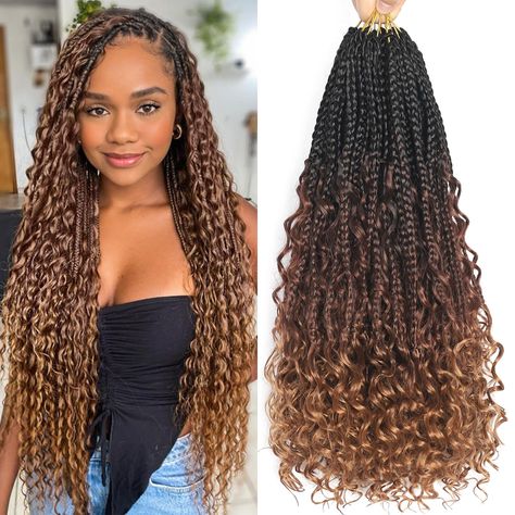 PRICES MAY VARY. 【Boho Braids Crochet Hair Specifications】：24 inch goddess box braids crochet hair, 95g(±5g)/pack, 15 strands/pack, 8 packs/Lot. Usually 6-8 packs can full a head. Comes with a crochet hook and some beads. 【Goddess Box Braids Crochet Hair Material】：Boho braids crochet hair are 100% handmade crochet braids, crochet braids with curly ends are made of quality low-temperature fire-retardant synthetic fiber. 【Crochet Braids Feature】: Box braids crochet hair with curly ends is very sof Crotchet Hair Styles, Crotchet Braids Styles Hairstyles, Ombre Goddess Box Braids, Boho Braids Crochet, Crochet Boho Braids, Goddess Box Braids Crochet Hair, Pre Looped Crochet Hair, Hair Inches, Boho Braided Hairstyles