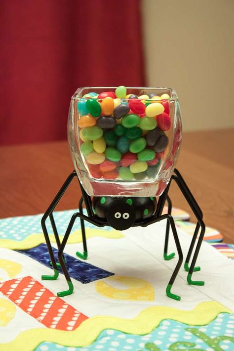 Votive holders at a spider birthday party! See more party planning ideas at CatchMyParty.com! Spider Birthday Party Ideas, Itsy Bitsy Spider Birthday Party, Spider Birthday Party, Nursery Rhyme Party, Spider Theme, Girls Birthday Party Themes, Itsy Bitsy Spider, Candy Station, Sherwood Forest