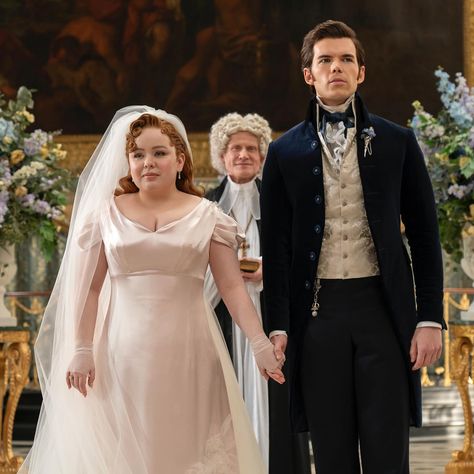 hunted down every single picture of Penelope Featherington’s wedding dress (and found a bunch of behind the scenes shots of it in the link in bio) . . . . #bridgerton #bridgertonnetflix #penelopefeatherington #nicolacoughlan #colinbridgerton #lukenewton #polin Convertible Wedding Dresses, Groom Style Wedding, Penelope Featherington, White Dress Winter, Wedding Dress Silhouette, Pink Gown, Pink Wedding Dresses, Wedding Attire Guest, Pink Gowns