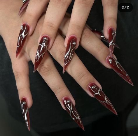 Wine Red Stiletto Nails, Ruby Red Nails Designs, Succubus Nails, Goth Red Nails, Gothic Red Nails, Simple Stiletto Nails Designs, Vampire Red Nails, Vampire Nails Aesthetic, Unique Nail Designs Creative Beautiful