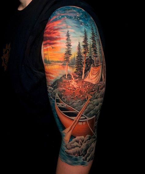 Atmospheric camping scene with a yeti in the trees. Tattoo by Brock Swenson, owner at Brock’s Tattoo in Decorah, Iowa. Yeti Tattoo, Waterfall Tattoo, Wilderness Tattoo, Outdoor Tattoo, Scenery Tattoo, Camping Tattoo, Lake Tattoo, Mountain Tattoos, Lantern Tattoo