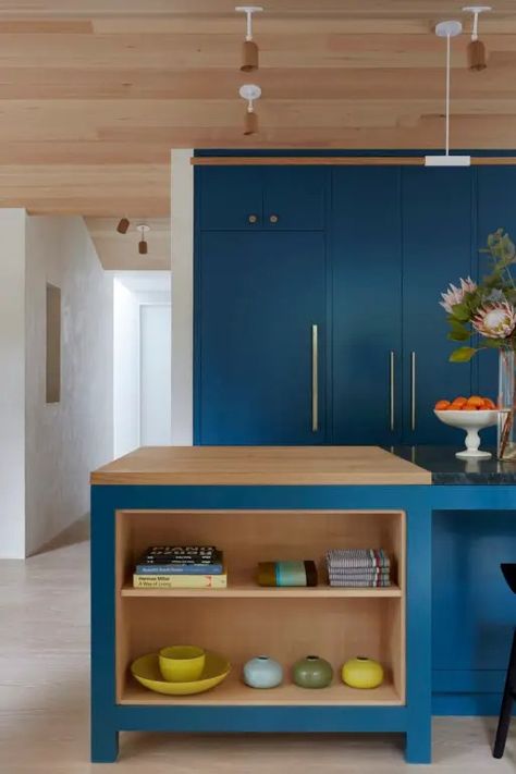 Tiny Homes: This Modern Cottage, Owned by Artists, Is Full of Sophisticated Details, Including a Cerulean Blue Kitchen - SPACES Magazine Bronze Tiles, Exterior Stairs, Dutch Colonial, Old Cottage, Small Cottage, Modern Cottage, Cerulean Blue, Blue Kitchen, Kitchen Color