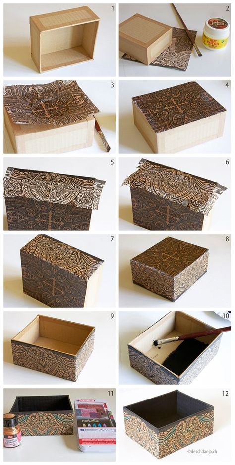 How to decorate a cardboard box with napkin technique, www.deschdanja.ch: Diy Karton, Diy Para A Casa, Vika Papper, Koti Diy, Cardboard Box Crafts, Diy Storage Boxes, Decoupage Box, Altered Boxes, Creation Deco