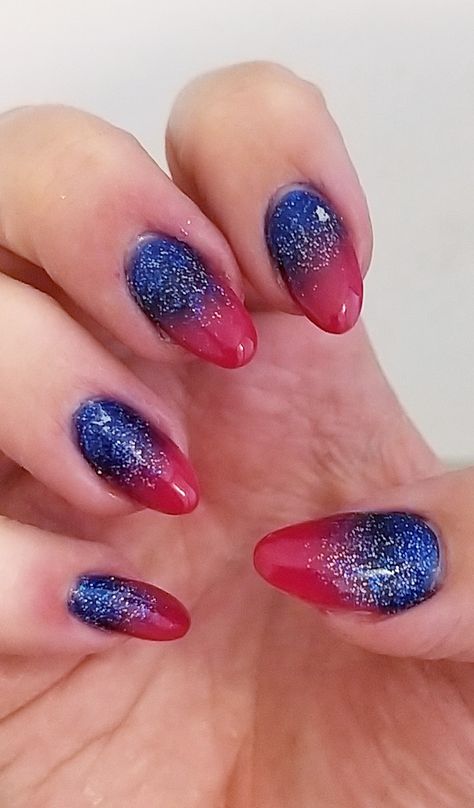 Blue And Red Ombre Nails, Blue Red Ombre Nails, Red And Blue Glitter Nails, Red And Blue Aura Nails, Red And Blue Ombre Nails, Red White Blue Ombre Nails, Blue And Red Nails, Fourth Of July Aura Nails, Umbre Nails