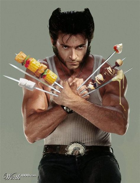 Oooo great idea- make (or buy) Wolverine's hands then stick kabobs out from them. display all other kabobs in plate/platter out in front of Wolverine. 19th Bday, Wolverine Claws, Hugh Jackman Logan, James Howlett, Wolverine Movie, Xmen Comics, Wolverine Art, Doner Kebab, Wolverine Hugh Jackman