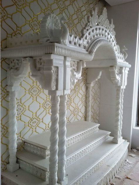 #Mandir in White #Marble with Gold painted and #Carving background wall #cladding #kamleshpanchal #stonecarving #7014138598 Puja Room Marble Design, Marble Singhasan Design, Sangmarmar Temple For Home, Marble Pooja Mandir Ideas Design, Pooja Room Marble Design, Marble Puja Mandir, Marbal Mandir Design Puja Room, Marble Mandir Design Puja Room Modern, Marble Mandir Design For Home