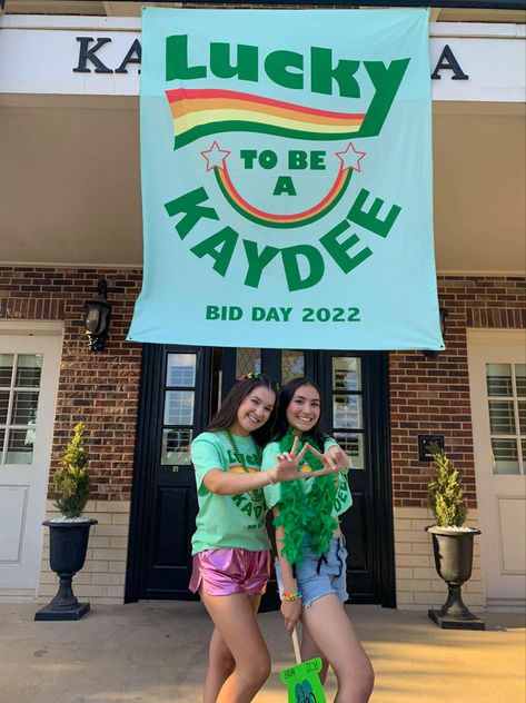 kappa delta sorority college bid day lucky charms Lucky Charm Bid Day Theme, Lucky Sorority Theme, Lucky Charm Bid Day, Lucky Charms Sorority Theme, Lucky Me Bid Day Theme, Lucky Me Bid Day, Lucky Charms Bid Day, Bid Day Banner, Kappa Delta Bid Day