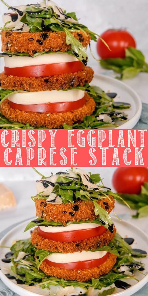 This eggplant caprese stack is visually and tastefully awesome! With crispy panko encrusted eggplant, stacked high with mozzarella, tomato, and a citrusy arugula salad. The perfect appetizer to kick your meal off! #eggplant #breadedeggplant #caprese #capresestack #eggplantcaprese #crispyeggplant #appetizer #vegetarian Eggplant Caprese, Appetizer Vegetarian, Eggplant Stacks, Eggplant Appetizer, Ensalada Caprese, Crispy Eggplant, Mozzarella Tomato, Eggplant Salad, Eggplant Dishes