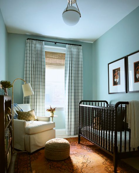 Light Blue And Black Nursery, Eclectic Nursery, My Own House, Simple Nursery, Plaid Curtains, Kid Rooms, Nursery Room Boy, Nursery Room Inspiration, Own House