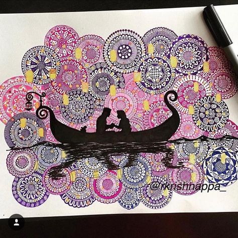 Boat scene from the @disney movie Rapunzel. . . #rapunzel #disneyart #lovers #valentinesday #couple #valentinesdaygift #boatscene #mandalatattoo #mandala #tattoopins #tattoo #beautiful_mandalas #multimandalas #zenart #bangaloreartist #indianartist #etsyseller #ncartist #zentanglekiwi #potpourriofartists Disney Doodles, Mandala Doodle, Mandalas Painting, Doodle Art Drawing, Mandalas Drawing, Mandala Art Lesson, Mandalas Design, Doodle Art Designs, Mandala Design Art