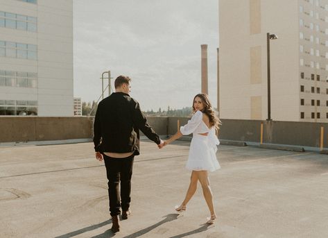 Engagement Pictures Rooftop, Downtown Riverside Photoshoot, Rooftop Elopement Photoshoot, Rooftop Engagement Shoot, Engagment Shoot Outfits, Engagement Photo Downtown, Rooftop Engagement Photoshoot, Downtown Couple Photoshoot Summer, Engagement Shoot Downtown