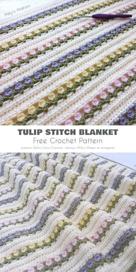 Tulip Stitch Crochet Blanket Pattern Free, Crochet Spring Blanket, Crochet Tulips Pattern Free, Spring Crochet Patterns, Baby Blankets Crochet, Tulip Stitch, Crochet Blanket Border, Bernat Yarn, Stitch Blanket